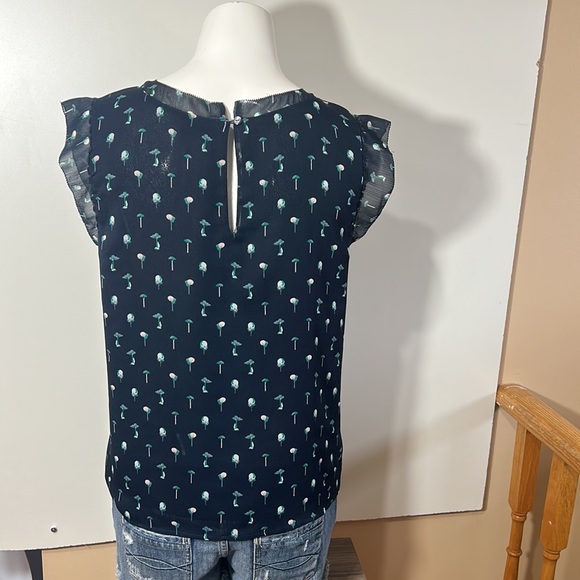 ANN TYLOR SLEEVES CHIFFON LINED BLOUSE RUFFLED CUT SLEEVES NAVY BLUE GREEN SMALL - Picture 3 of 5